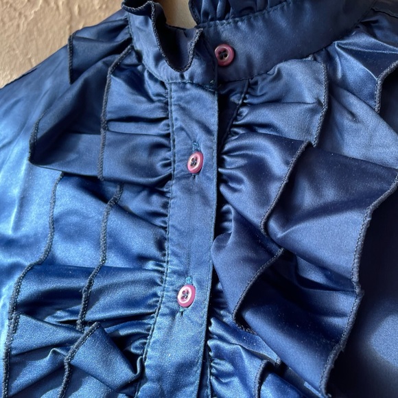 WOMAN BLUE BLOUSE LONG SLEEVES RUFFLED NECKLINE HIGH NECK BUTTONS SIZE M - Picture 11 of 16